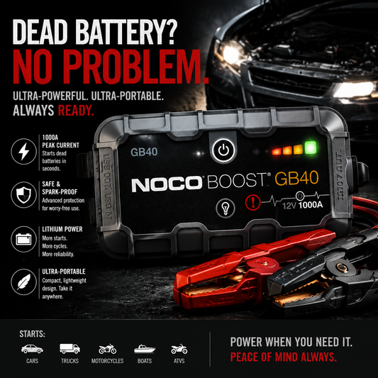 NOCO Boost GB40 jump starter with car in background
